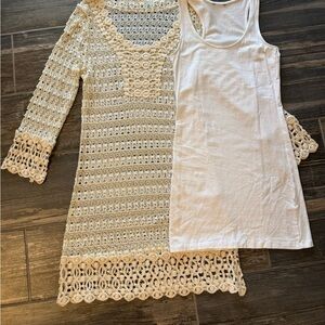 Cream Crochet Dress with White Tank Cotton Slip
